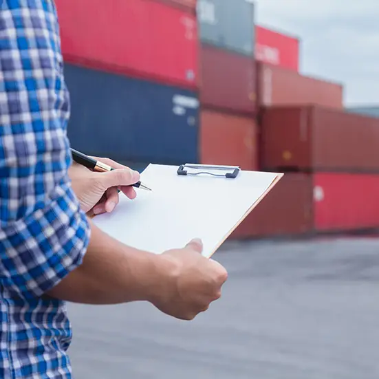 Man taking note checking cargo shipping at container yard area.
Worker man signing papers about import - export logistic business.
